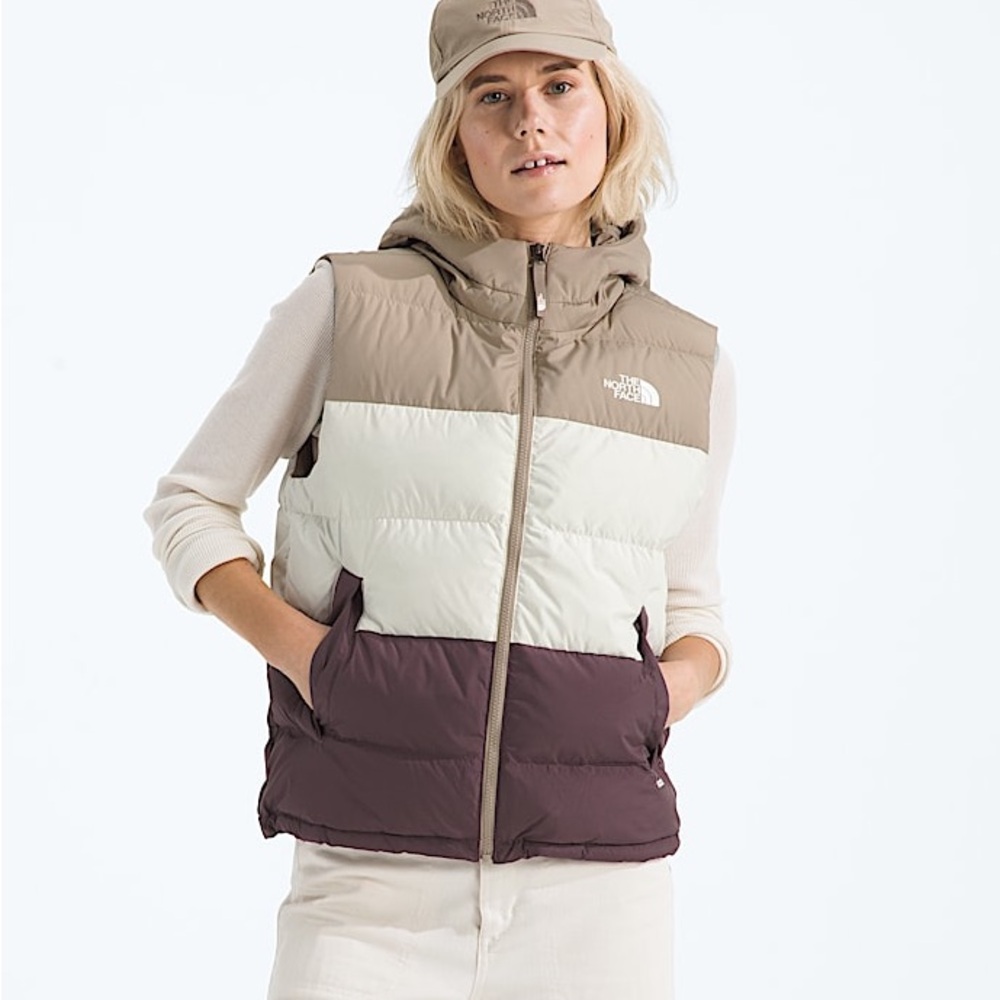 The North Face Women’s Tri-Color Puffer Vest in Taupe, Cream & Plum